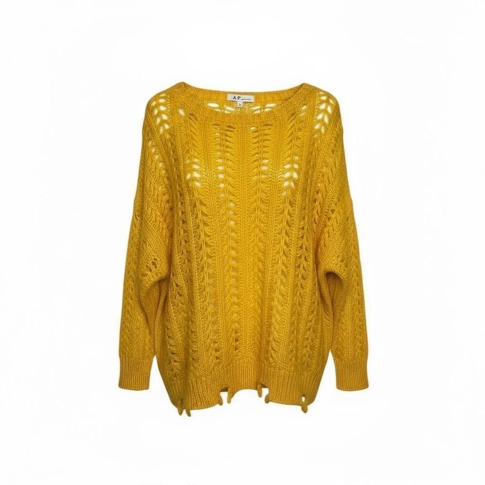 A.P Design Fashion Wool Blend Open Knit Distressed Sweater Mustard Yellow Large